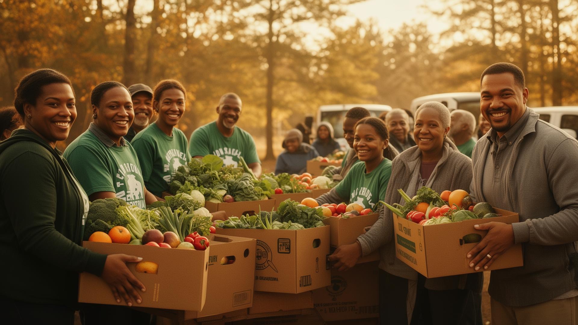 Volunteers smiling and distributing boxes of fresh produce to community members at a Northeast Georgia food distribution