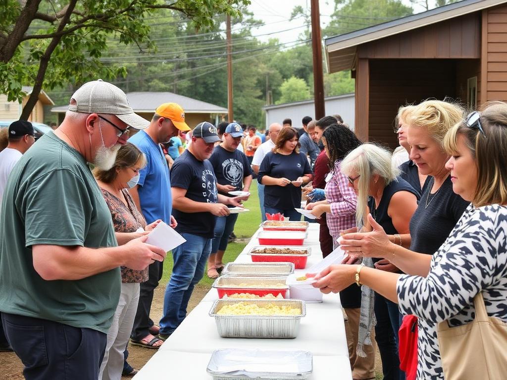 Volunteers serving meals at an outdoor community gathering